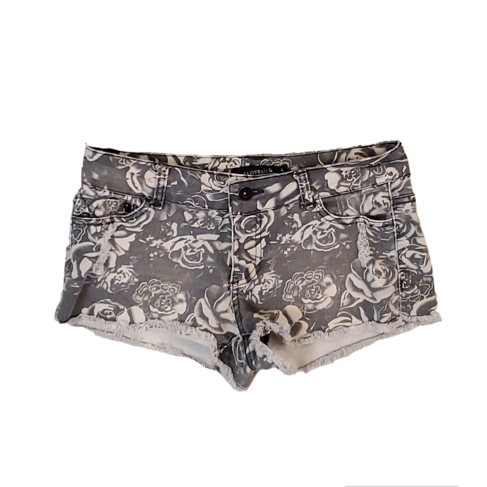 LoveSick Juniors Gray and‎ White Roses Denim Jean Low Rise Shorts Size 5